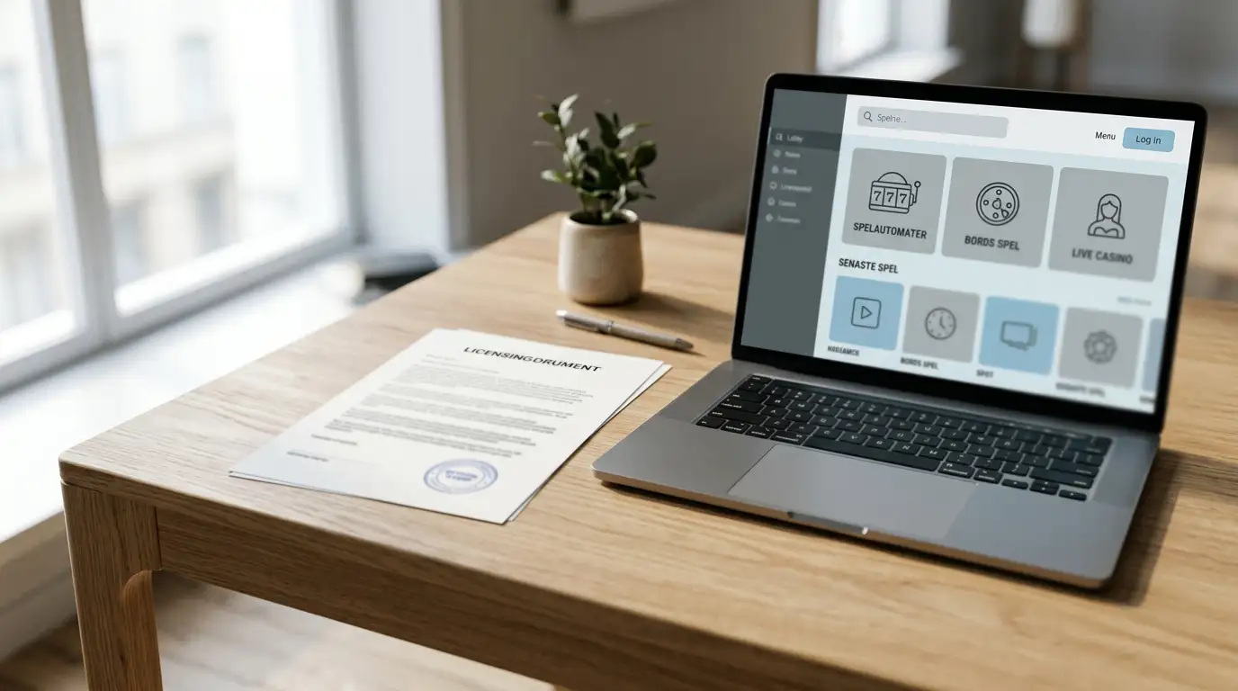 Illustration av casino utan spelpaus 2026 med neutralt licensdokument och laptop